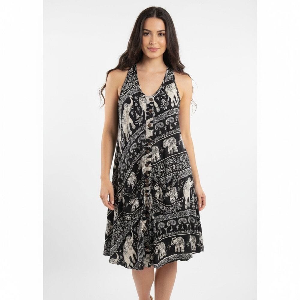 Boho Elephant Midi Dress Black Cream Button Hippie Medium Indie Festival Flowy